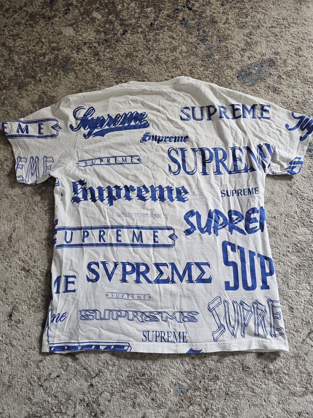 Supreme White T-Shirt with Blue All-Over Logos Mens Size Large - Picture 2 of 5